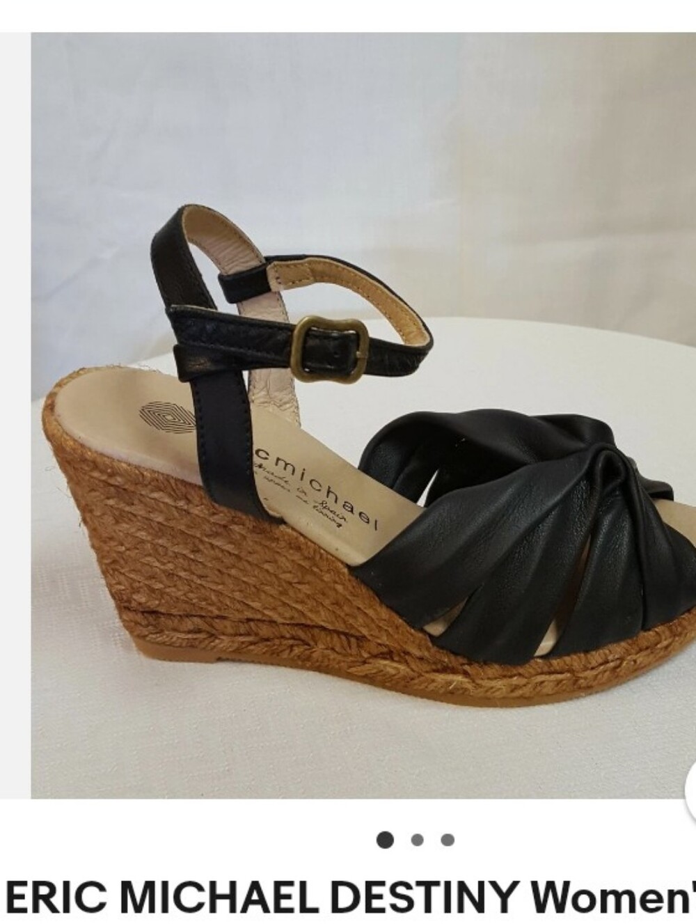 NWT.ERIC MICHAELBlack Leather Espadrille Wedge Sandals